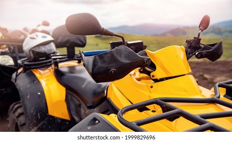 ATV Quad Bike On Forest Offroad, Front View.