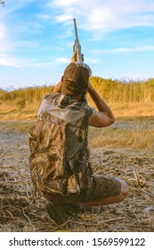 Atwater, CA - September 3, 2016 Man Dove Hunting In The Grasslands Wearing A Camouflage Hunting Vest 