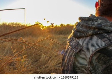 Atwater, CA - September 3, 2016 Man Dove Hunting In The Grasslands Wearing A Camouflage Hunting Vest 