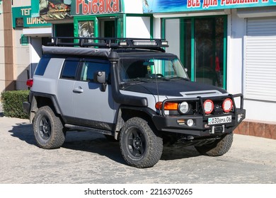 Atyrau, Kazakhstan - October 19, 2022: Grey Offroad Car Toyota FJ Cruiser In The City Street.