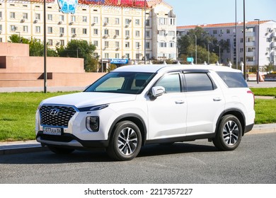 Atyrau, Kazakhstan - October 4, 2022: White Crossover Car Hyundai Palisade In The City Street.