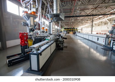 Atyrau, Kazakhstan-May 21,2012: Chevron Plant Interior. Plastic Pipes Modern Production Line. No People.