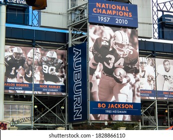 Auburn, AL - CIRCA 2020: Auburn University Tigers War Eagle SEC NCAA College Football Team Legendary Student Athlete Poster Of Heisman Trophy Winner Bo Jackson On Outside Of Jordan-Hare Stadium