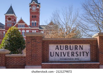 Auburn, AL - February 3, 2022 - Auburn University Campus Sign And Samford Hall