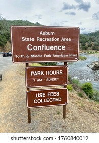Auburn, CA - June 2, 2020: State Recreation Area Confluence at North & Middle Fork of American River, park sign. 