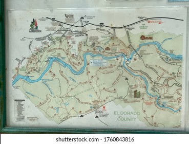 Auburn, CA - June 2, 2020: Map of hiking trails, creeks and rivers seen at a state park in El Dorado County. 
