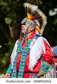 AUBURN, CA, U.S.A. - NOV. 7, 2021: Photo of a Native American participant in his regalia in the Grand Entry at Auburn's annual Big Time Pow Wow. The public event was at the Placer County Fairgrounds.