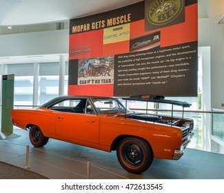 AUBURN HILLS, MI/USA - AUGUST 19, 2016: A 1969 Plymouth Road Runner Car At The Walter P. Chrysler Museum.