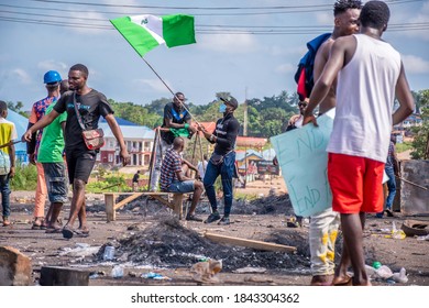 Auchi, Edo/Nigeria - 10 20 2020: Scene From The End Sars Protests That Have Been Going On Around The Country By The Youth To Protest Police Brutality