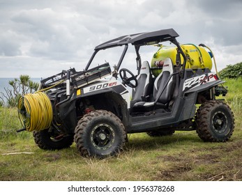 Auckland - April 15, 2021: Polaris Rzr Xp 900 Efi UTV Utility Terrain Vehicle Equipped With Agricultural Pump Sprayer