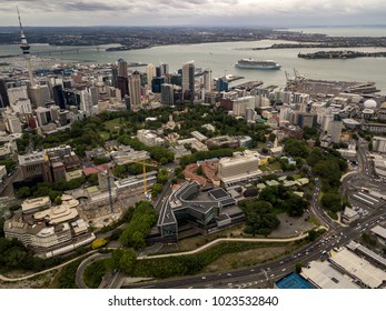 Auckland City Aerial Point Of View Harbor With Cruise Ship 