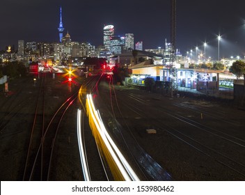 Auckland City/ Auckland City At Night From Above It's Rail System