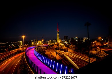 Auckland City Night Shot With Lights Of Buildings And Traffic