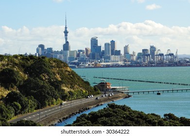 Auckland City Panorama With Road And Yachts. New Zealand