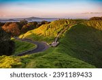 Auckland city view from Maungawhau Mt Eden grassy volcano in New Zealand