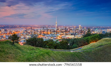Auckland. Cityscape image of Auckland skyline, New Zealand taken from Mt. Eden at sunset.