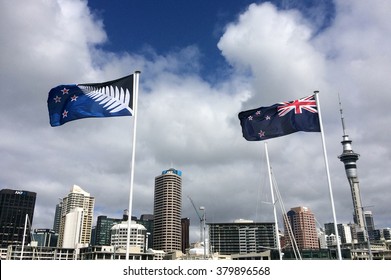 AUCKLAND - FEB 21 2016:New Zealand National flag (R) and the Silver Fern flag (L). After the final referendums voting in the end of March 2016 one of the flags will be the official flag of New Zealand