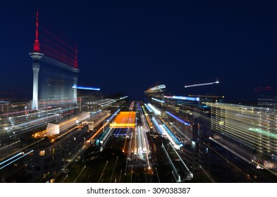 Auckland Financial District Center Skyline At Night In Auckland, New Zealand.Aerial View.Motion Blur. Business And Real Estate Concept. No People. Copy Space.