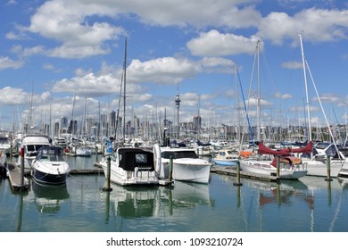 AUCKLAND - MAR 25 2018:Yachts mooring in Westhaven Marina against Auckland skyline.Westhaven Marina, the largest marina in the Southern Hemisphere