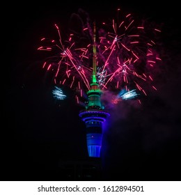 Auckland, New Zealand - 1 January 2020: The Famous New Year Fireworks Display, Launched From Auckland Sky Tower