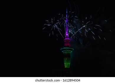 Auckland, New Zealand - 1 January 2020: The Famous New Year Fireworks Display, Launched From Auckland Sky Tower