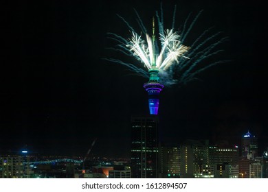 Auckland, New Zealand - 1 January 2020: The Famous New Year Fireworks Display, Launched From Auckland Sky Tower