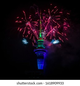 Auckland, New Zealand - 1 January 2020: The Famous New Year Fireworks Display, Launched From Auckland Sky Tower