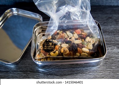 Auckland, New Zealand - 21 May 2019: Trail Mix In Stainless Steel Container. Soft Plastic Bag Alternative. New Zealand Supermarkets Are Now Offering Bring Your Own Container For, Meat, Deli, Bulk Bins