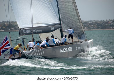 AUCKLAND, NEW ZEALAND - 30 JANUARY - 14 FEBRUARY, 2009: Louis Vuitton Pacific Series Sees Americas Cup Rival Teams Match Race One Another In Other Teams Boats. Shown Here Is UK's Origin In USA Oracle's Yacht Practice