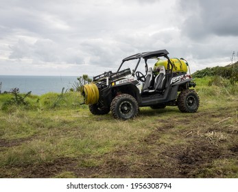 Auckland, New Zealand - April 15, 2021: View Of Polaris Rzr Xp 900 Efi UTV Utility Terrain Vehicle Equipped With Agricultural Pump Sprayer