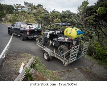 Auckland, New Zealand - April 15, 2021: View Of Polaris Rzr Xp 900 Efi UTV Utility Terrain Vehicle Equipped With Agricultural Pump Sprayer, On Trailer