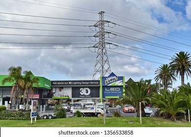 Auckland / New Zealand - April 2 2019: Transpower Electric Power Lines Over East Tamaki Industrial Area