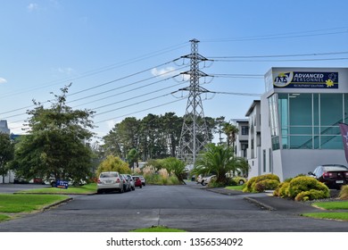 Auckland / New Zealand - April 2 2019: Transpower Electric Power Lines Over East Tamaki Industrial Zone