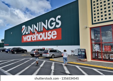 Auckland / New Zealand - April 2 2019: Customers Walking In Front Of Bunnings Warehouse East Tamaki Mega Store