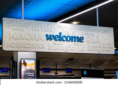 AUCKLAND, NEW ZEALAND - APRIL 8, 2017: Welcome Sign Greeting Tourists In Many Languages At Auckland International Airport, New Zealand