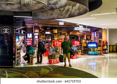 AUCKLAND, NEW ZEALAND - APRIL 8, 2017: Duty Free Shop On In Auckland Airport. Duty Free Shops Are Retail Outlets That Are Exempt From The Payment Of Certain Local Or National Taxes And Duties