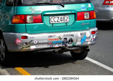 Auckland, New Zealand - December 25, 2020: View Of Local Surfer's Car With Bumper Stickers