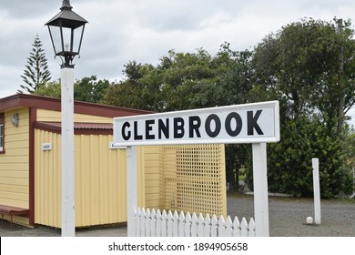 Auckland, New Zealand - January 16, 2021: View Of Glenbrook Railway Station Sign