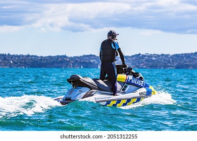 AUCKLAND, NEW ZEALAND - Mar 13, 2021: A Police Water Patrol On A Jetski During The 36th Americas Cup In Auckland, New Zealand