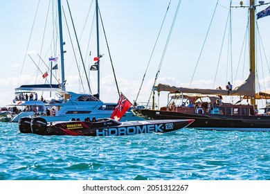 AUCKLAND, NEW ZEALAND - Mar 13, 2021: A Marshal Boat On Course During The 36th Americas Cup In Auckland, New Zealand