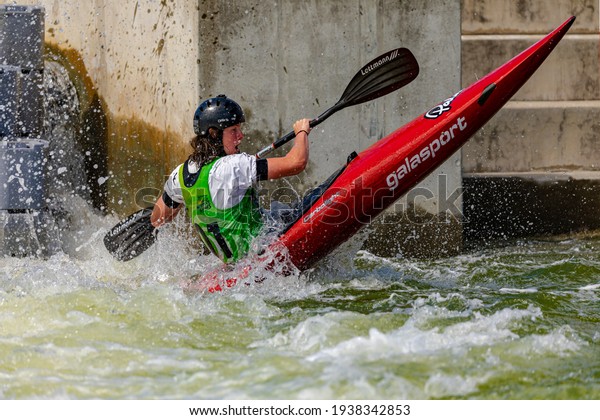 Auckland, New Zealand March\
13, 2021. Canoe slalom athlete competes in the 2021 Oceania\
Championships. 
