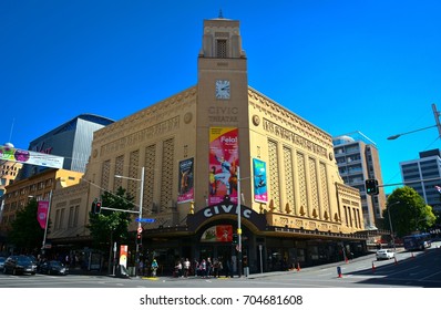 AUCKLAND, NEW ZEALAND - MARCH 14, 2015. Civic Theatre In Auckland, With Residential And Commercial Buildings, People And Street Traffic.