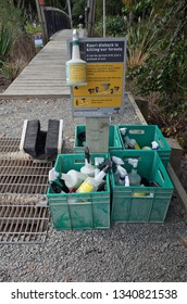 Auckland / New Zealand - March 17 2019: Auckland Kauri Dieback Disease Program. Cleaning Station, Chemicals, Hygiene Procedure.