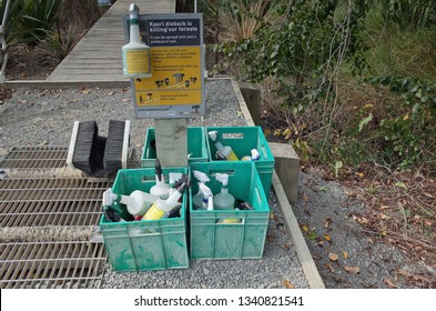 Auckland / New Zealand - March 17 2019: Auckland Kauri Dieback Disease Program. Cleaning Station, Chemicals, Hygiene Procedure.