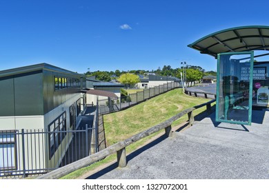 Auckland / New Zealand - March 2 2019: Macleans College Grounds With Bus Stop