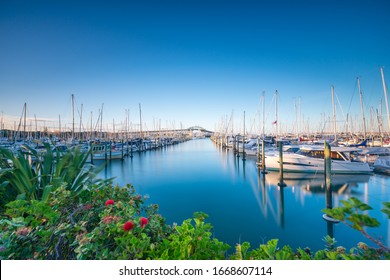 AUCKLAND, NEW ZEALAND - MARCH 20, 2018: View of Auckland Harbour Bridge and Westhaven Marina on a sunny afternoon on March 20, 2019. Auckland is also known as the "City of Sails".