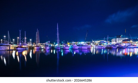 AUCKLAND, NEW ZEALAND - MAY 18, 2019: stunning scenery of Westhaven Marina at night with many yachts berthing. Westhaven Marina is the largest yacht marina in the Southern Hemisphere.