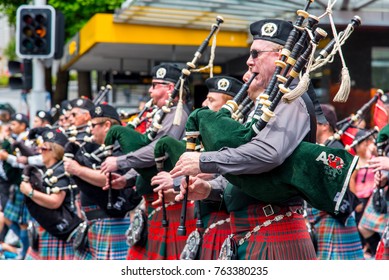 Auckland, New Zealand - November 26 2017: Bagpipe Players In Farmer's Santa Parade 2017