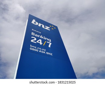 Auckland / New Zealand - October 11 2020: View Of BNZ (Bank Of New Zealand) Road Sign In Botany Town Centre