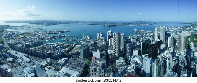 Auckland, New Zealand, October, 2010. Ten years old panoramic  view from Skytower over Waitemata harbour in Auckland new zealand
